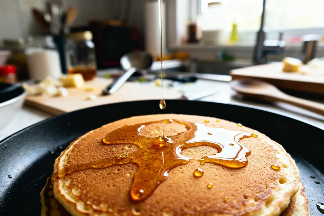 Pancake doré nappé de sirop, illustrant la douceur et les kcal d'un pancake maison