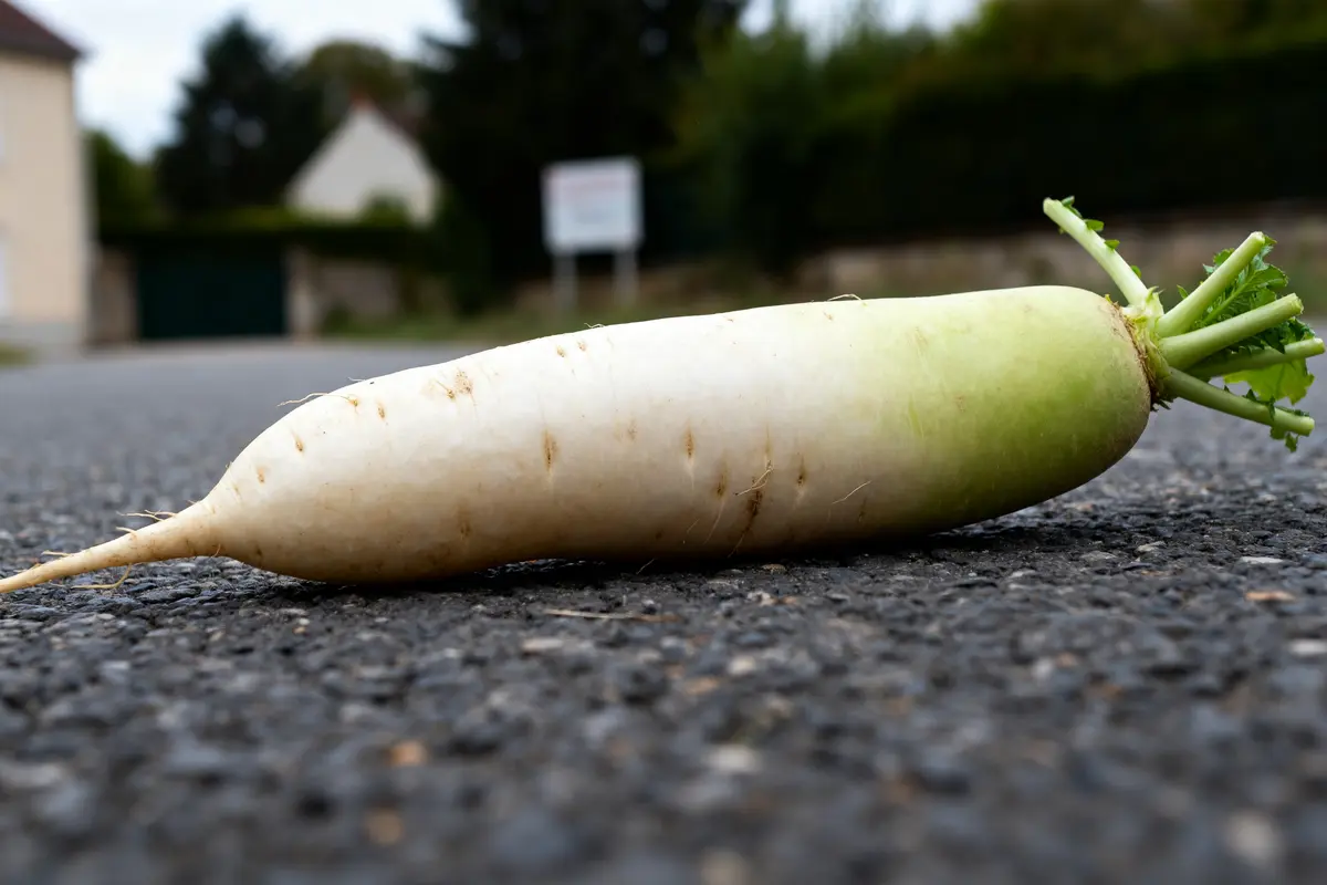 Gros légume en D blanc et vert posé sur une route en asphalte