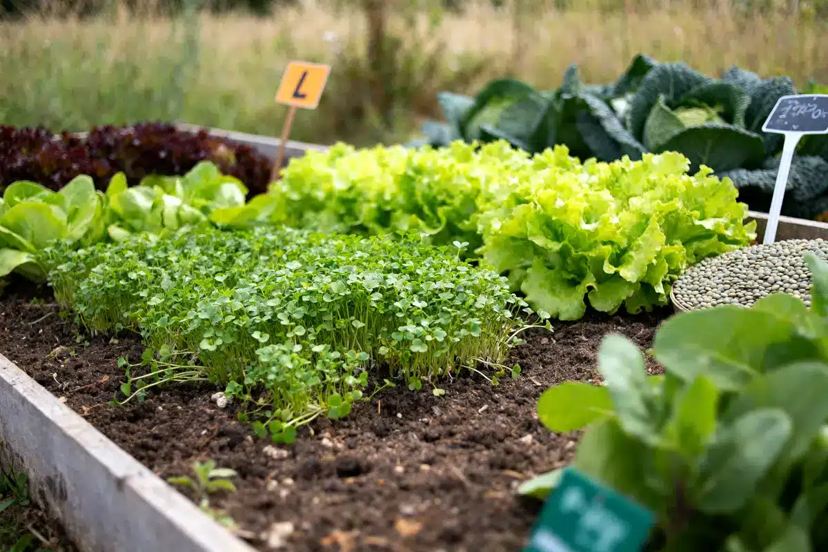 Salades vertes et autres légumes en L cultivés dans un potager avec étiquette jaune