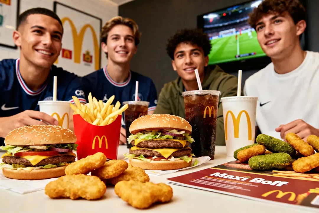 Des jeunes savourant un menu Golden McDo devant un match de football à la télévision