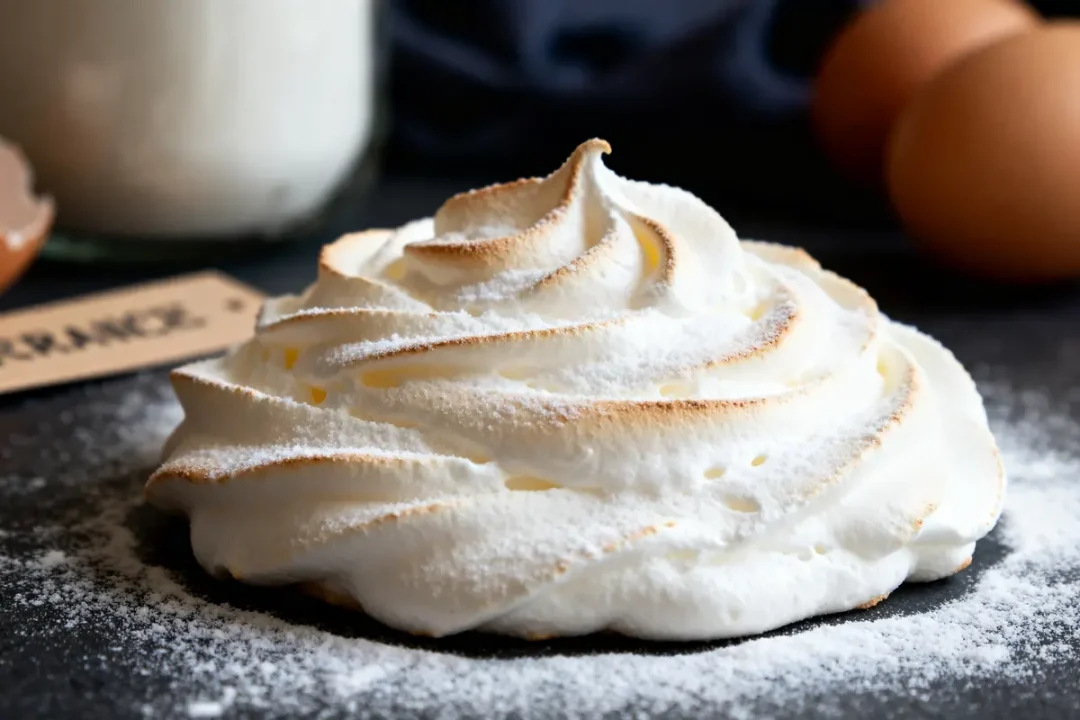Meringue facile légèrement dorée saupoudrée de sucre glace sur table avec œufs et farine