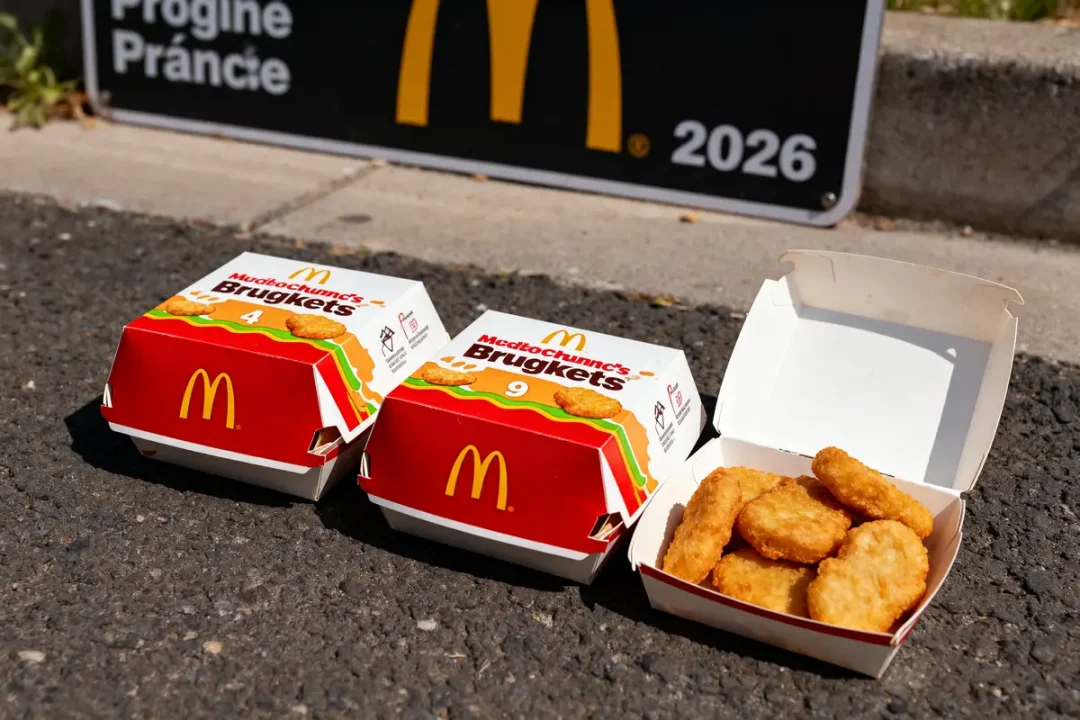 Boîtes de nuggets McDonald's ouvertes sur trottoir mettant en avant le prix des nuggets McDo