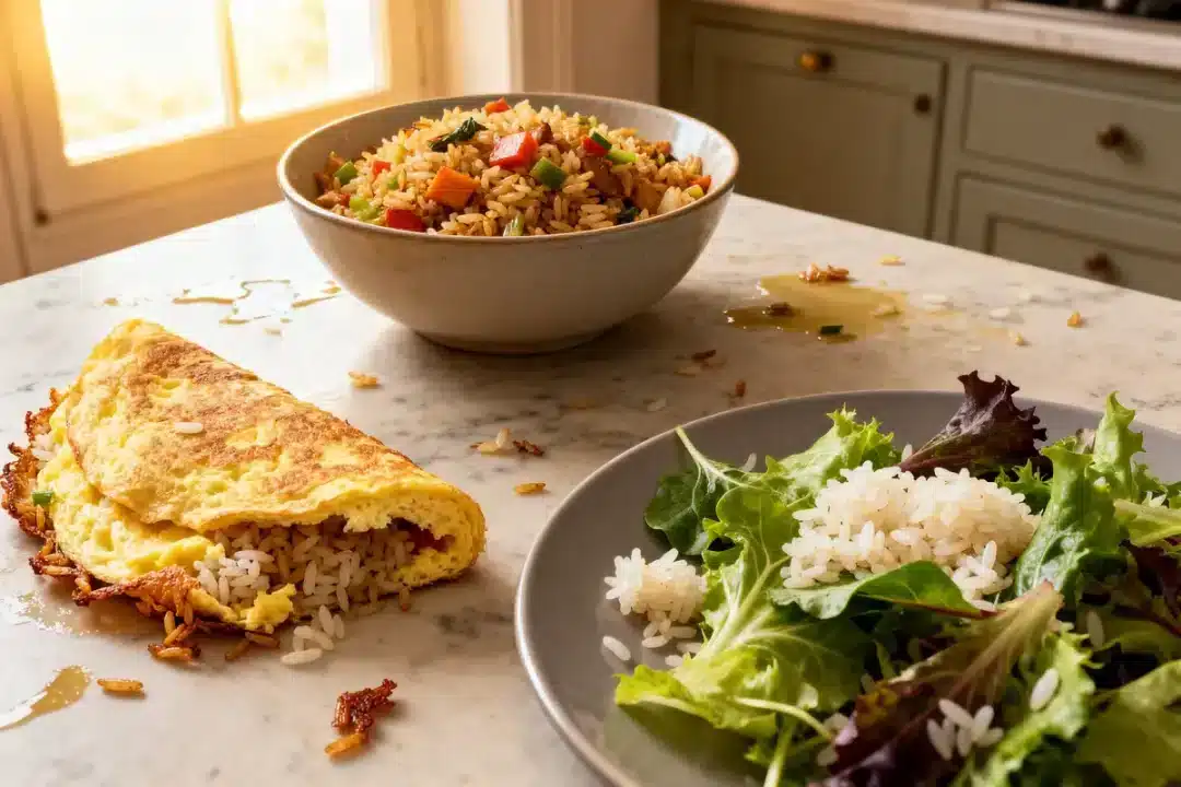 Salade, omelette et riz sauté : que faire avec un reste de riz basmati cuit