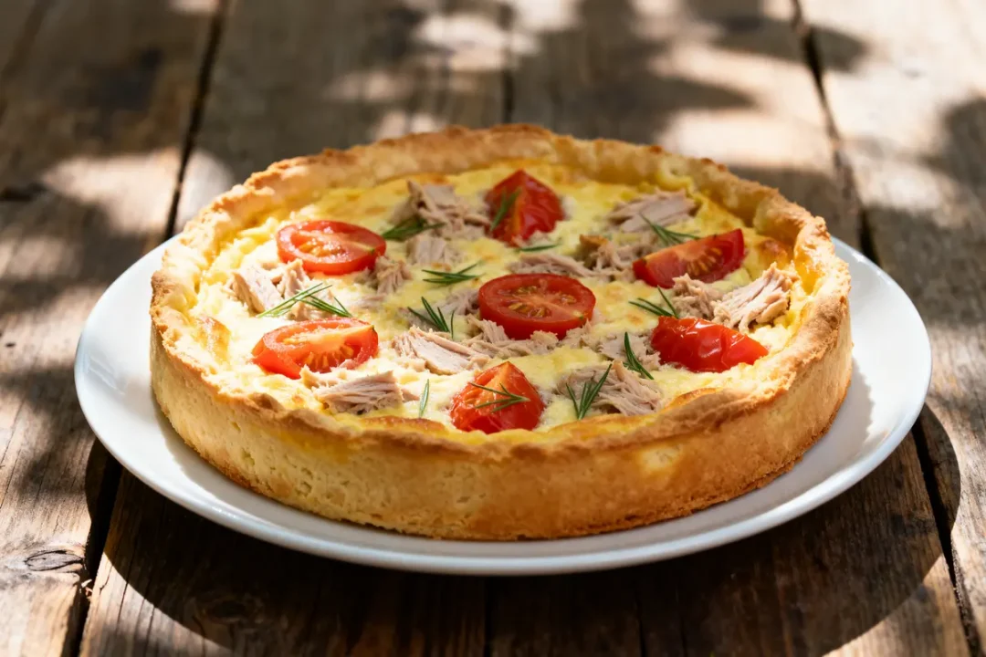 Quiche sans pâte au thon légère garnie de tomates et brins de romarin