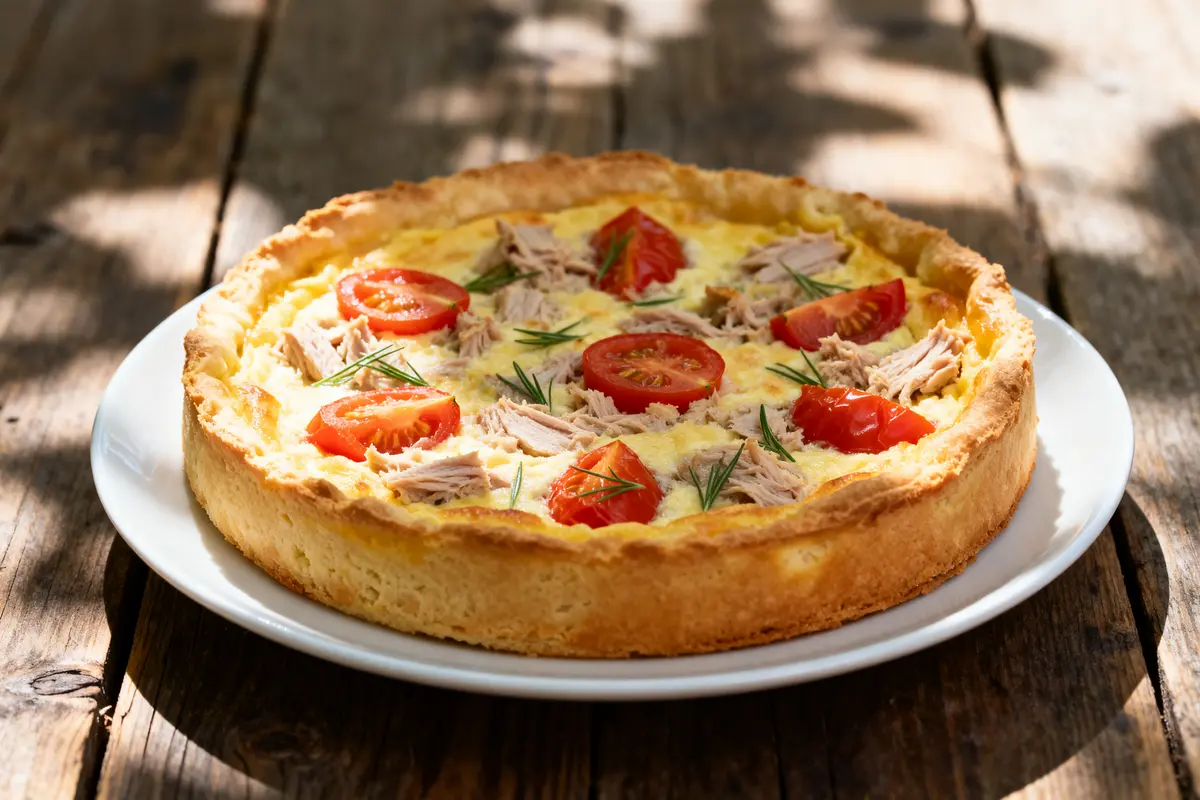Quiche sans pâte au thon légère garnie de tomates et brins de romarin
