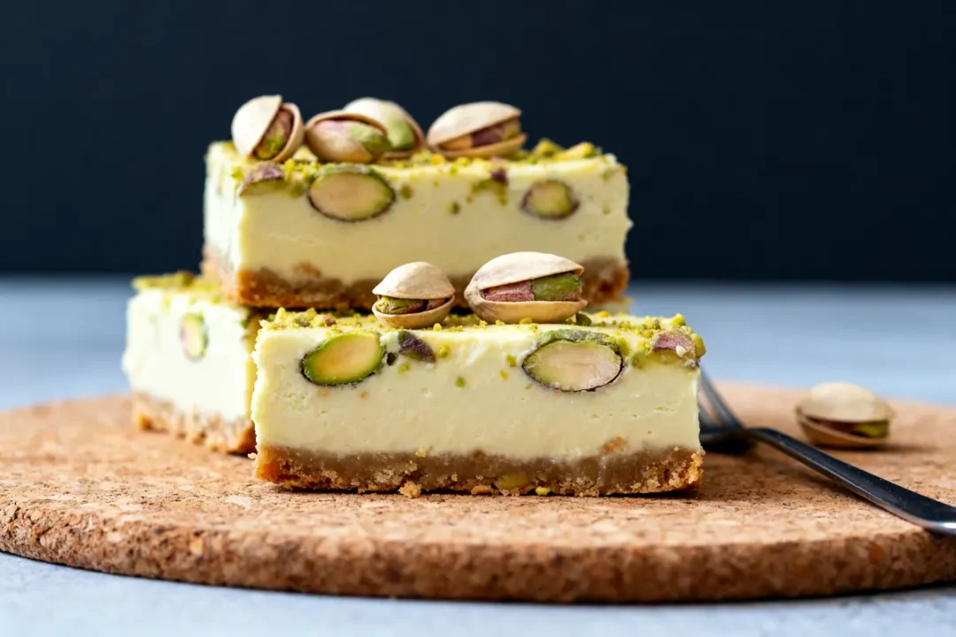 Deux carrés de cheesecake à la pistache, recette de crémeux pistache, posés sur liège
