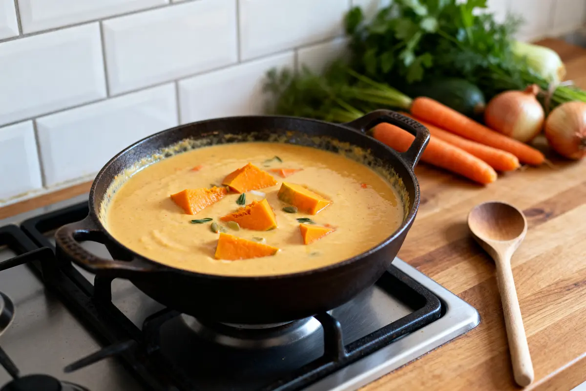 Casserole de soupe au potiron crémeuse sur la cuisinière avec recette de grand-mère traditionnelle