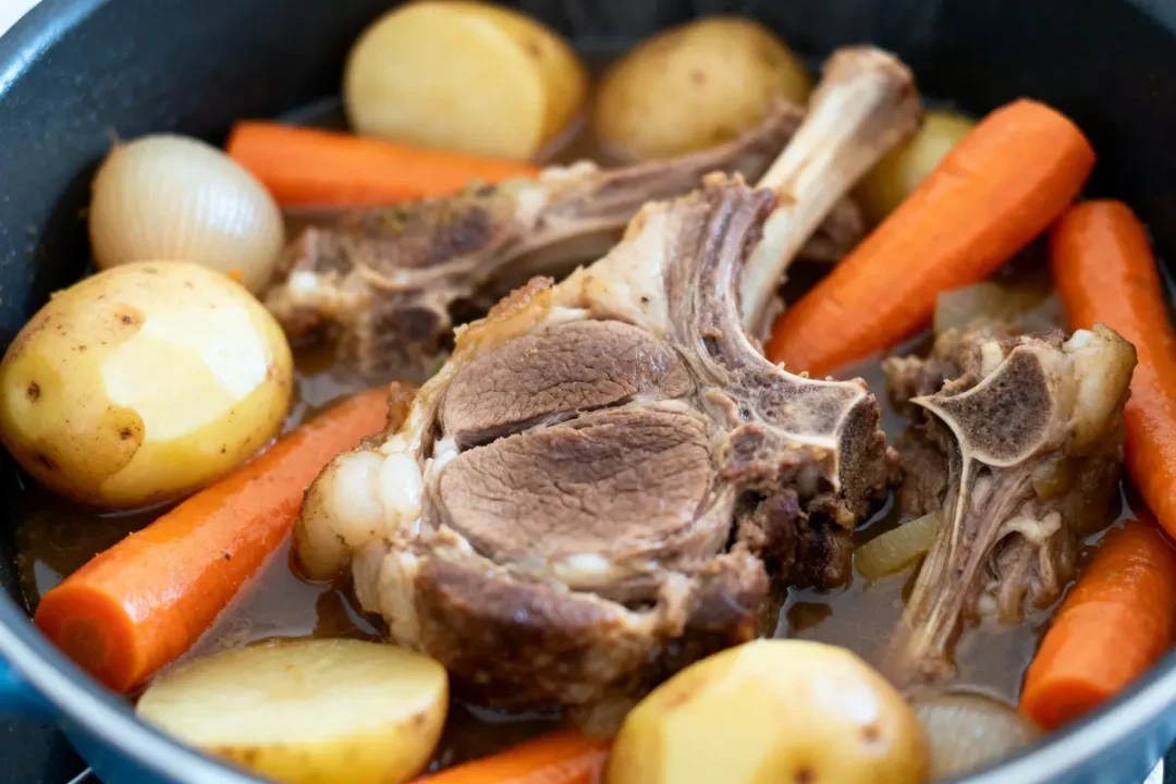 Navarin d'agneau de grand-mère avec pommes de terre, carottes et oignons dans une cocotte