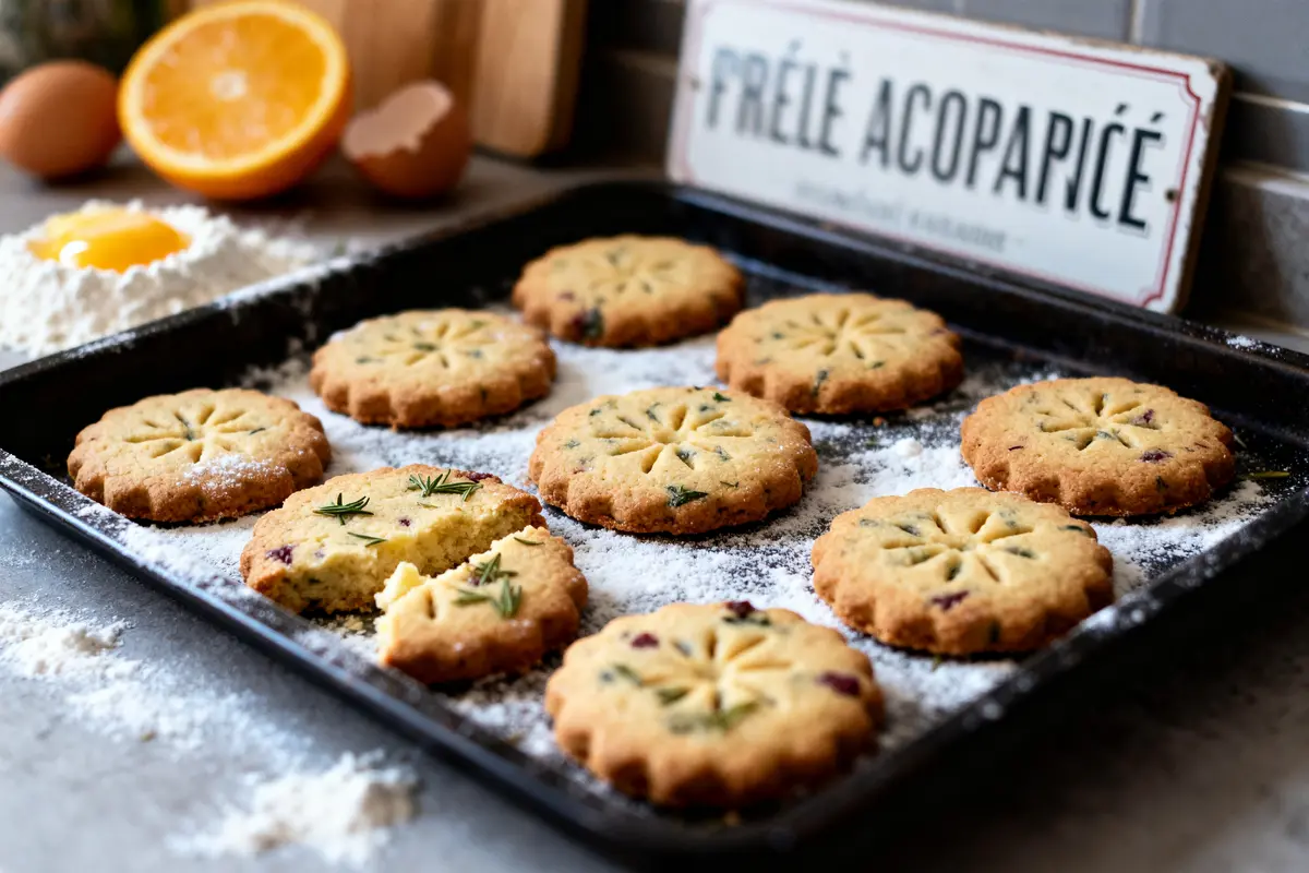 Biscuits bredele dorés sur plaque avec herbes, farine et oranges recette traditionnelle de bredele