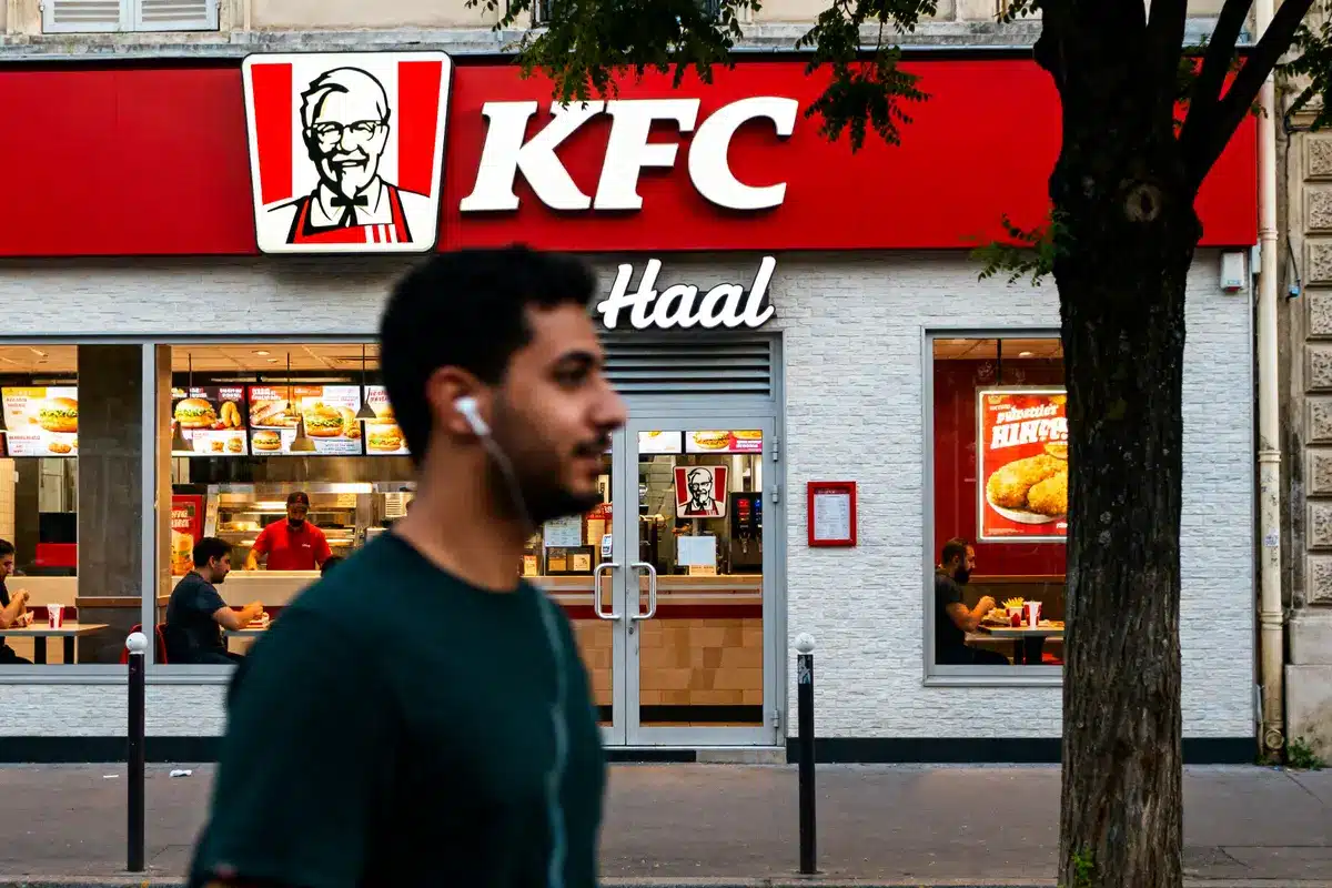 Façade d'un des restaurants KFC halal avec clients à l'intérieur
