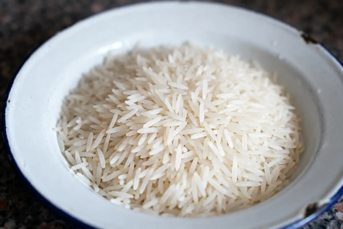 Assiette de riz blanc cuit au Thermomix sur comptoir de cuisine rustique