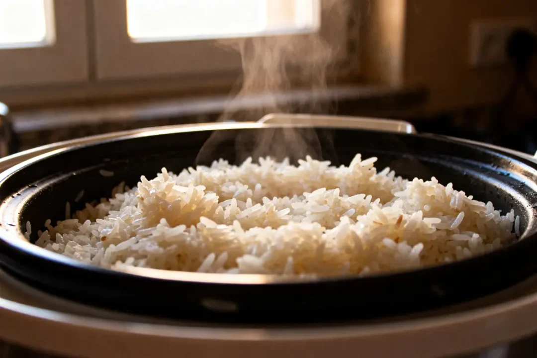 Riz au Thermomix chaud dégageant de la vapeur dans un bol noir en cuisine