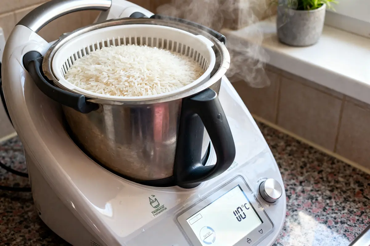 Cuisson du riz au Thermomix avec vapeur visible sur le plan de travail