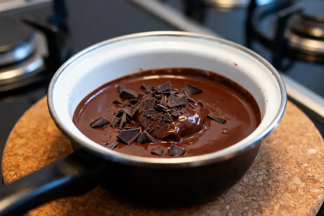 Casserole de sauce chocolat pour profiteroles avec copeaux de chocolat noir fondant