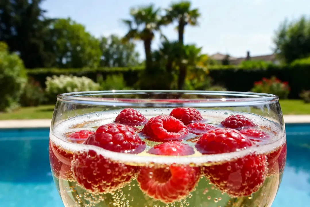Verre de soupe de champagne framboise au bord de la piscine en été