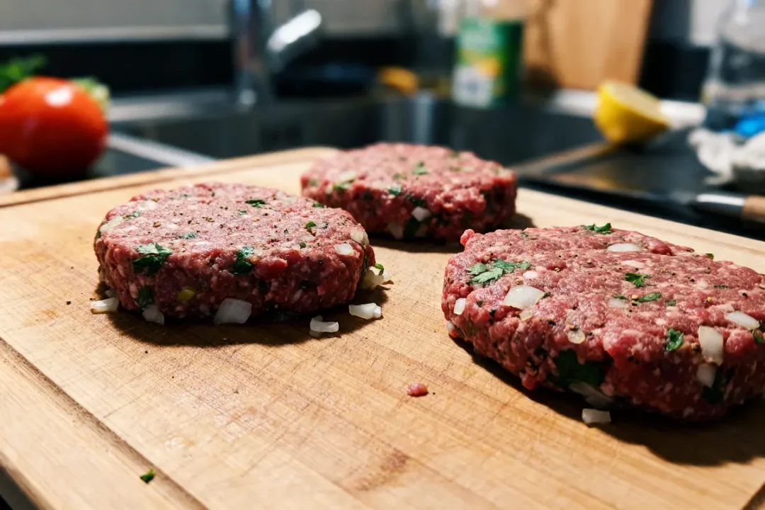 Trois steaks hachés maison préparés sur une planche en bois dans une cuisine moderne