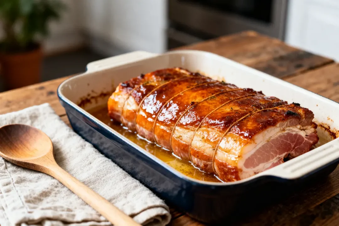 Porc rôti au four dans un plat, évoquant le temps de cuisson de travers de porc au four