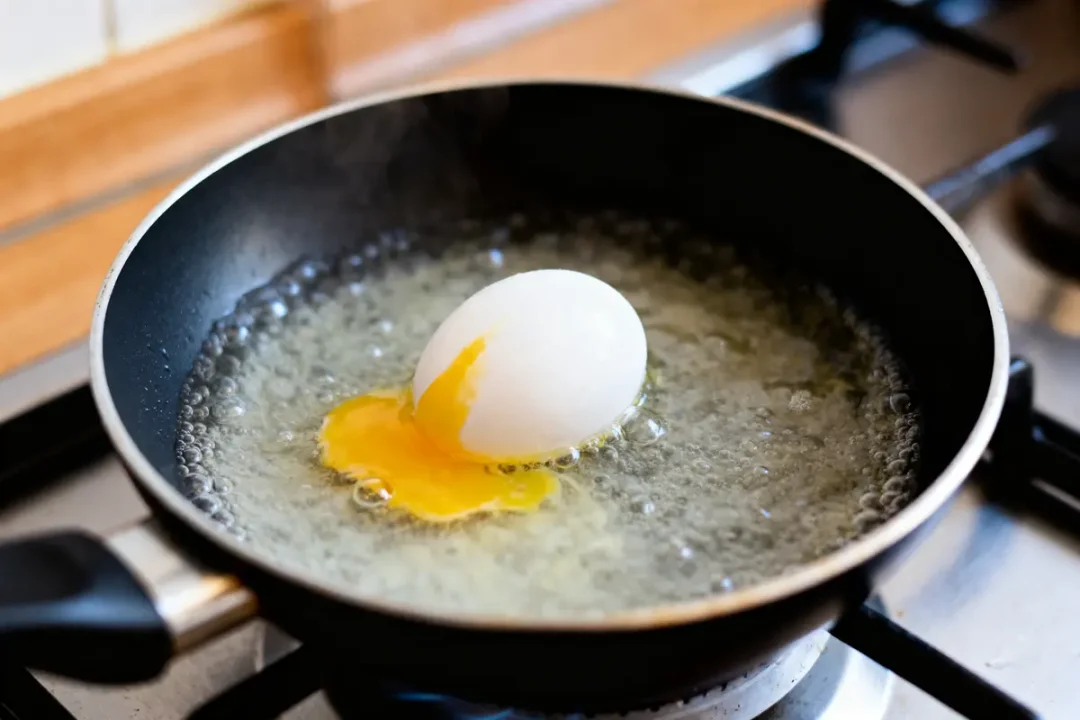 Oeuf cassé dans l'eau bouillante pour déterminer le temps d'un oeuf à la coque
