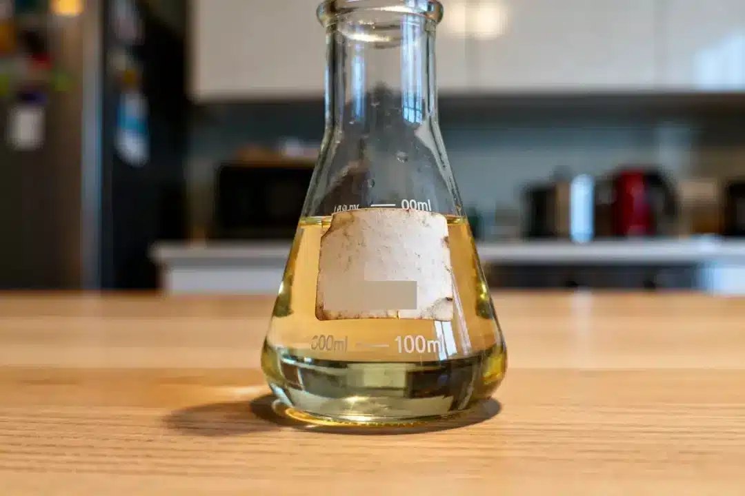 Flacon conique en verre rempli d'un liquide jusqu'à 100 ml en cl
