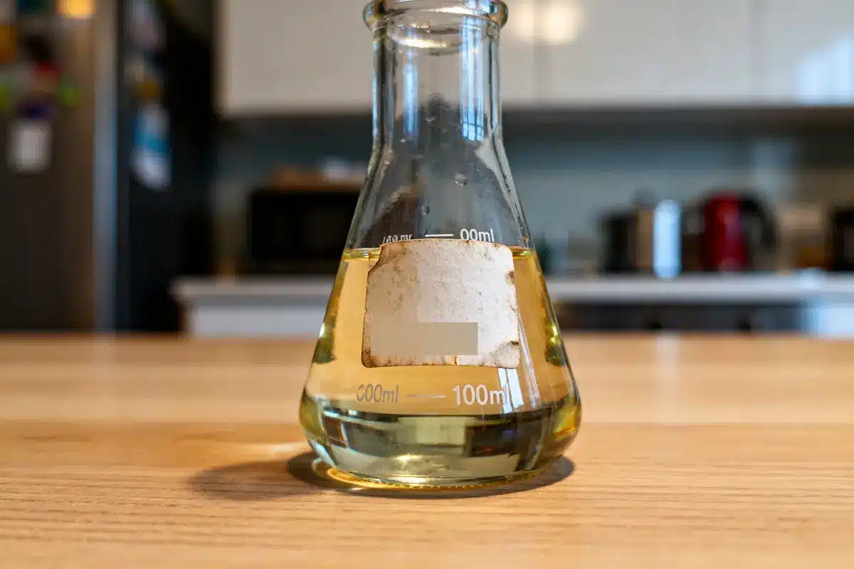 Flacon conique en verre rempli d'un liquide jusqu'à 100 ml en cl