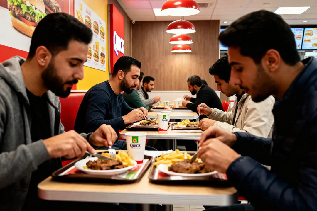 Personnes dégustant un repas dans un restaurant Quick avec menu halal sur la table