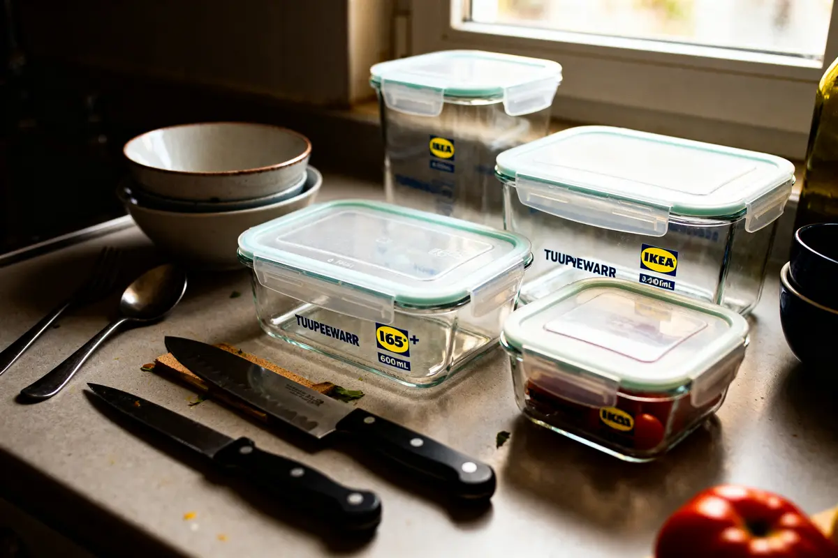 Contenants alimentaires transparents Tupperware en verre d'Ikea sur un plan de travail cuisine.