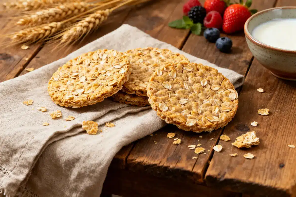 Galettes d'avoine Weetabix sur nappe avec fruits rouges et bol de lait.