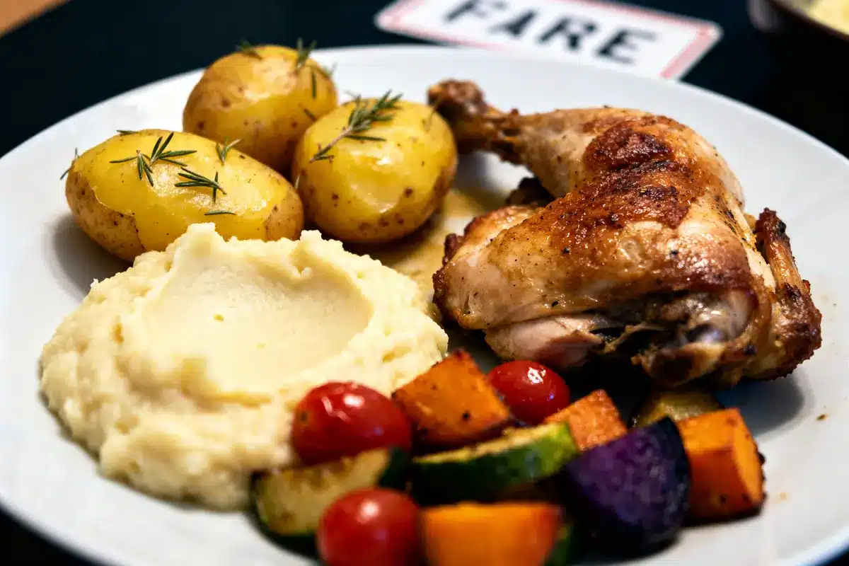 Assiette avec poulet rôti, légumes rôtis et purée comme accompagnement du poulet rôti