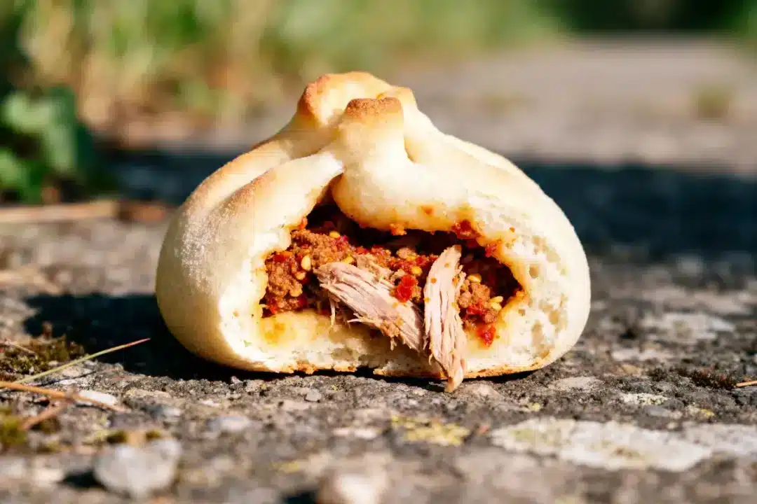 Pain marocain batboute farcie de viande épicée et légumes sur sol extérieur rustique