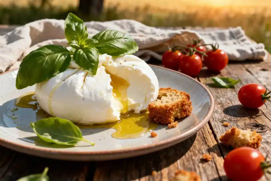 Assiette de burrata, huile d'olive, basilic et pain, informations nutritionnelles de la burrata.