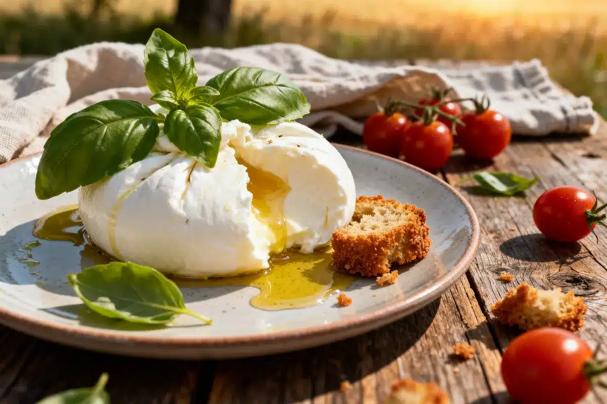 Assiette de burrata, huile d'olive, basilic et pain, informations nutritionnelles de la burrata.