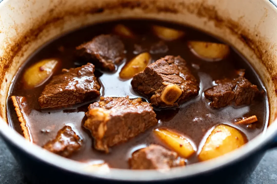 Pot en fonte contenant une carbonade à la flamande de grand-mère mijotée avec pommes de terre