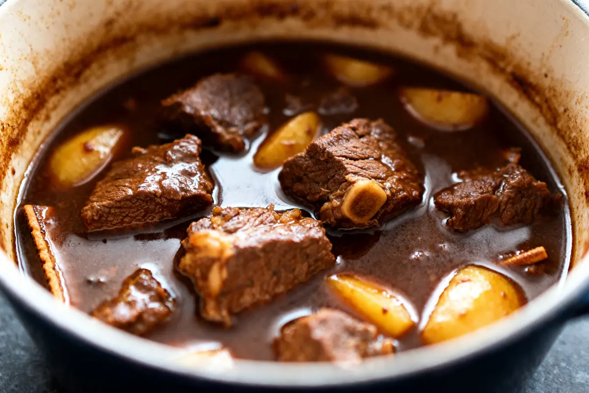 Pot en fonte contenant une carbonade à la flamande de grand-mère mijotée avec pommes de terre