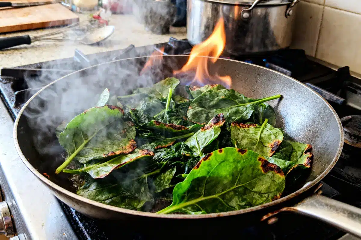 Feu vif sous poêle pour cuire des épinards avec des traces de grillade.
