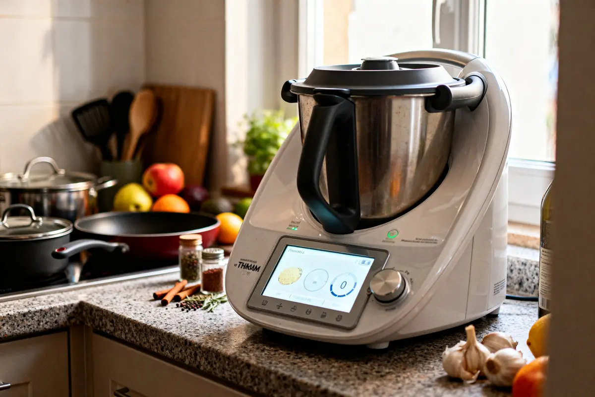 Robot culinaire sur plan de travail, informant sur date de sortie du nouveau Thermomix TM7