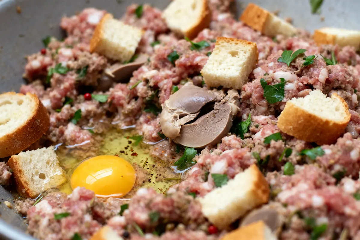 Préparation de la farce pour pintade avec viande, œuf, pain, et persil