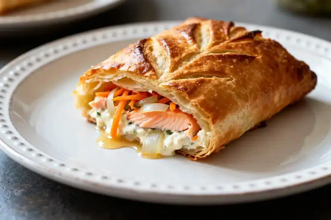 Feuilleté au saumon croustillant avec légumes et fromage sur assiette blanche