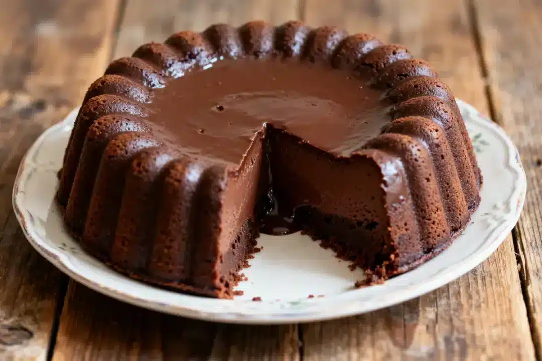 Flan au chocolat façon grand-mère sur assiette avec coupe révélant intérieur fondant