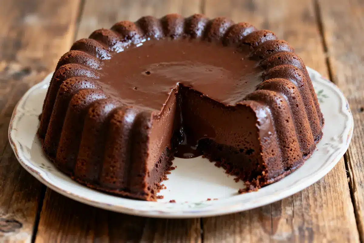 Flan au chocolat façon grand-mère sur assiette avec coupe révélant intérieur fondant