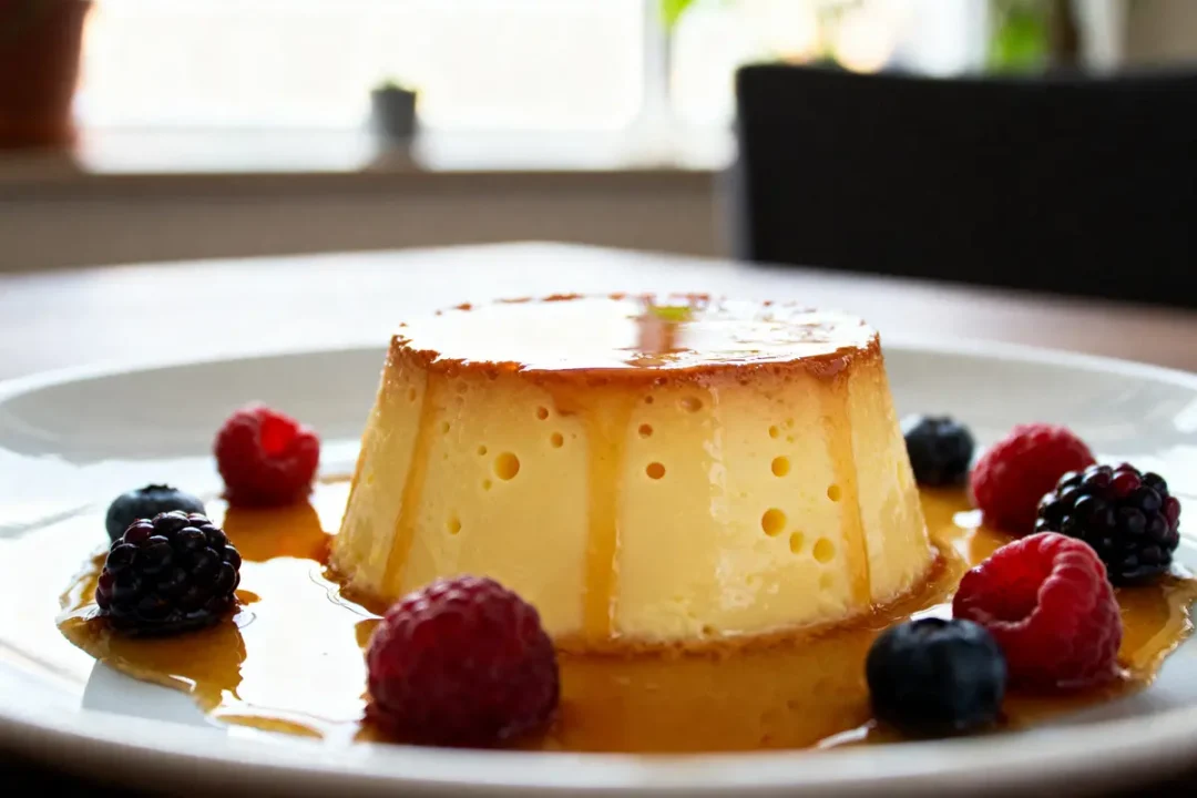 Flan sans sucre avec fruits rouges et caramel servi sur une assiette blanche