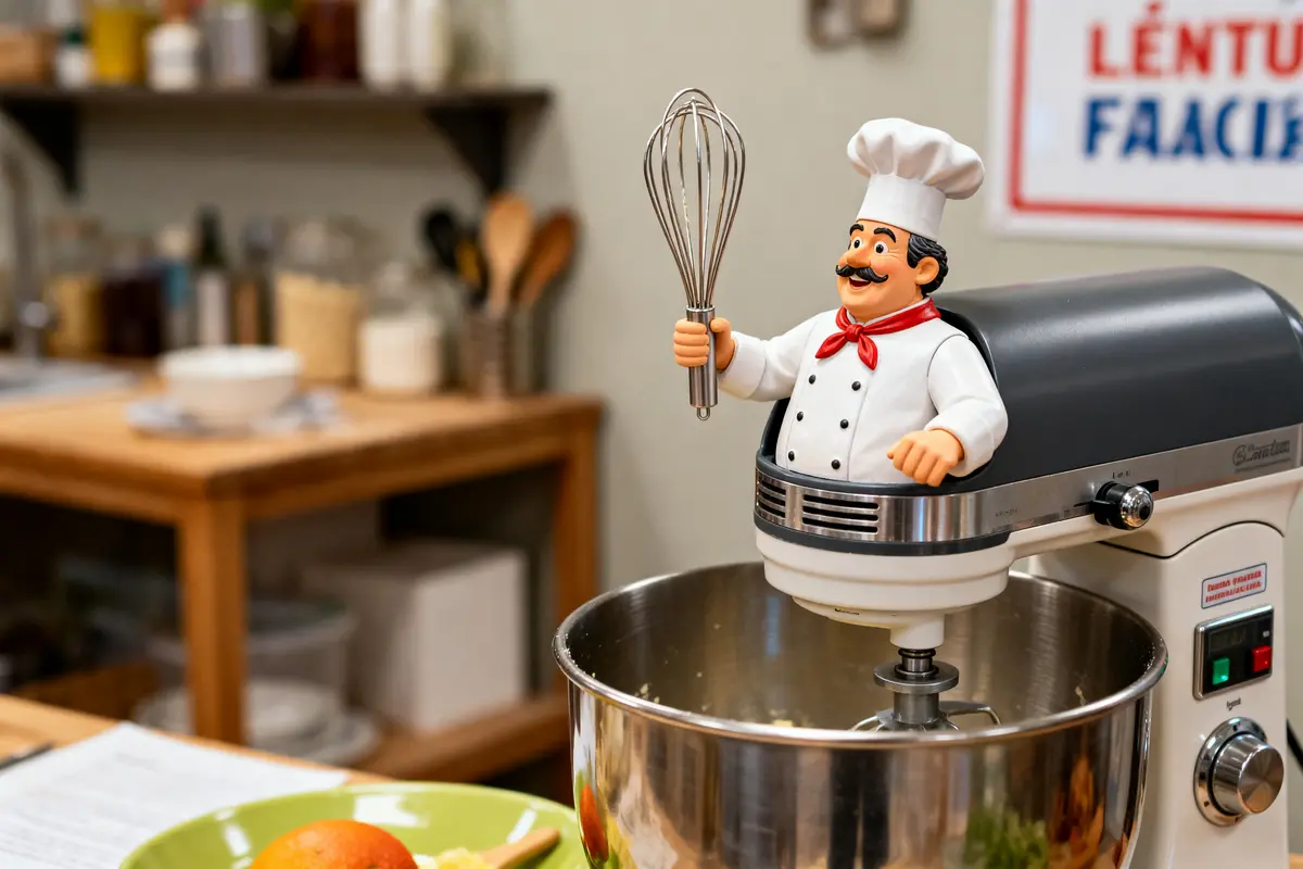 Robot pâtissier avec figurine tenant un fouet destiné au Monsieur Cuisine