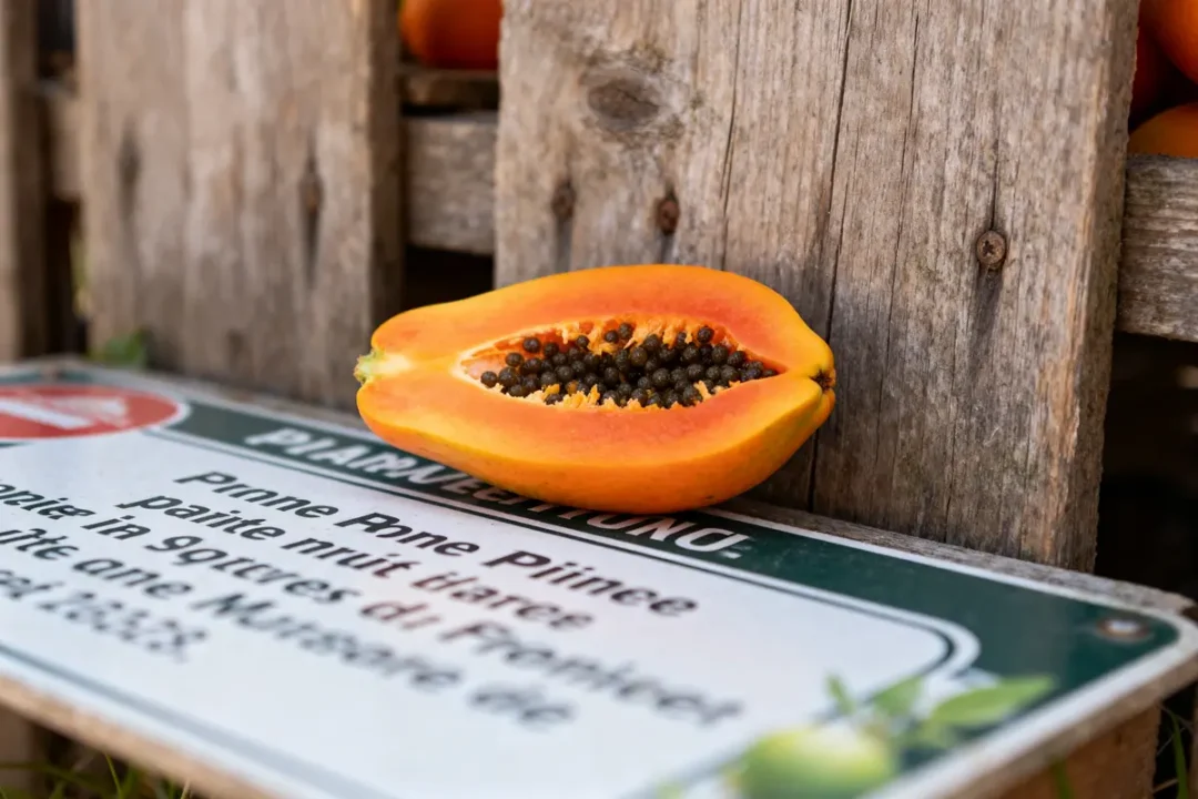 Papaye mûre coupée exposant ses graines, fruit exotique orange posé sur une caisse en bois