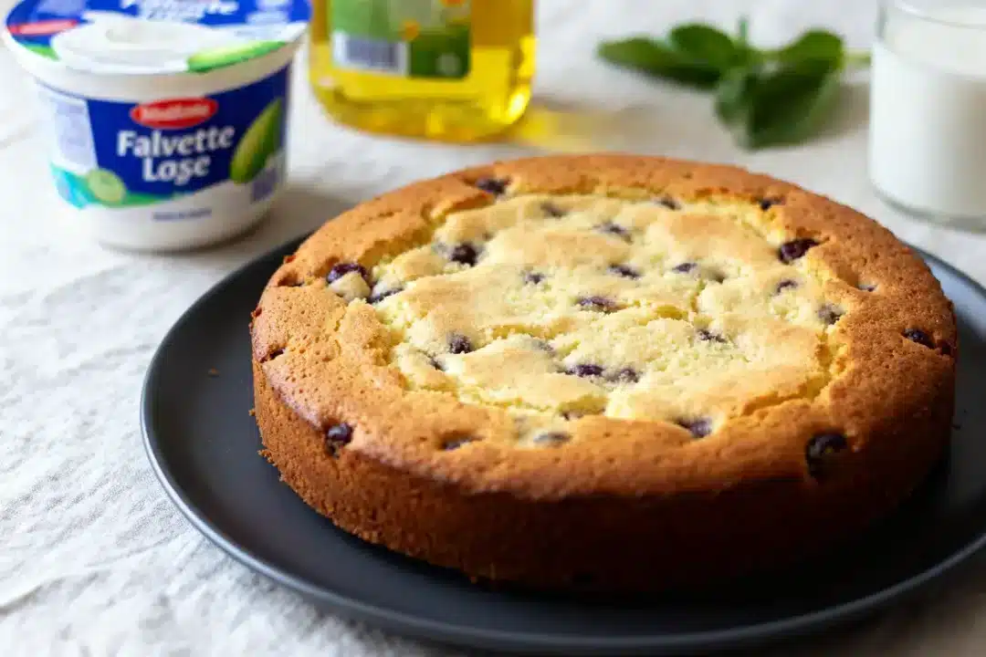 Gâteau sans lactose aux pépites de chocolat sur une assiette avec yaourt et huile végétale