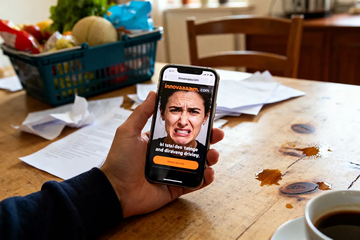 Persona tenant un smartphone affichant innovaaa.com avec un visage perplexe en arrière-plan désordonné