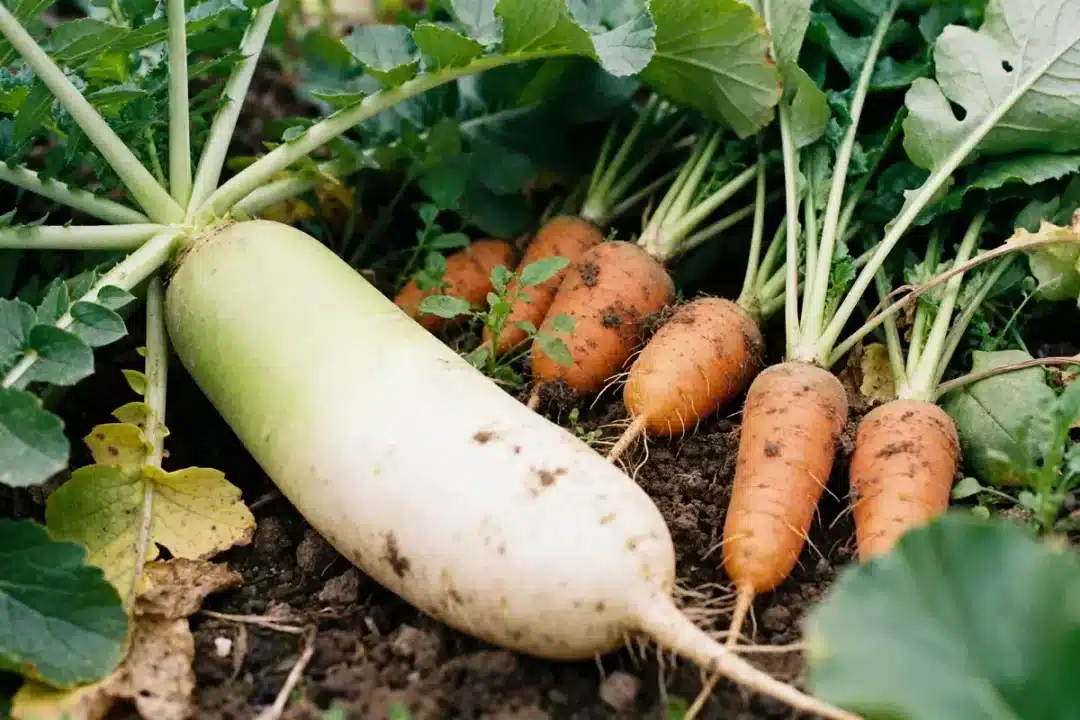 Carottes et radis dans un potager, légumes par D matures et prêts à récolter