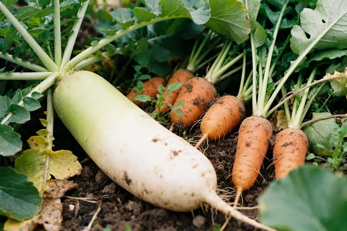 Carottes et radis dans un potager, légumes par D matures et prêts à récolter