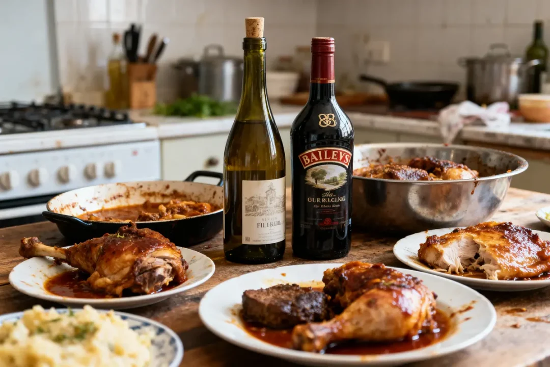Table avec viande et alcool montrant les pires aliments pour le pancréas en cuisine