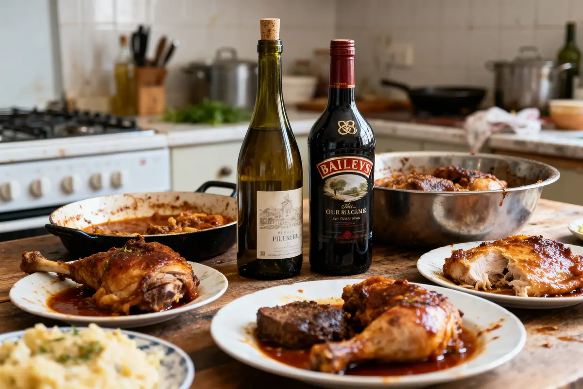 Table avec viande et alcool montrant les pires aliments pour le pancréas en cuisine
