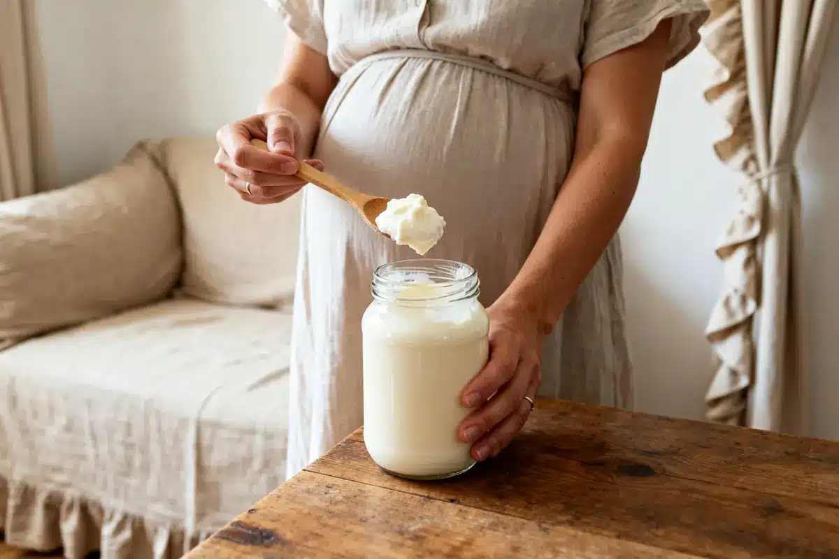 Femme enceinte avec pot de crème fraîche sur une table en bois