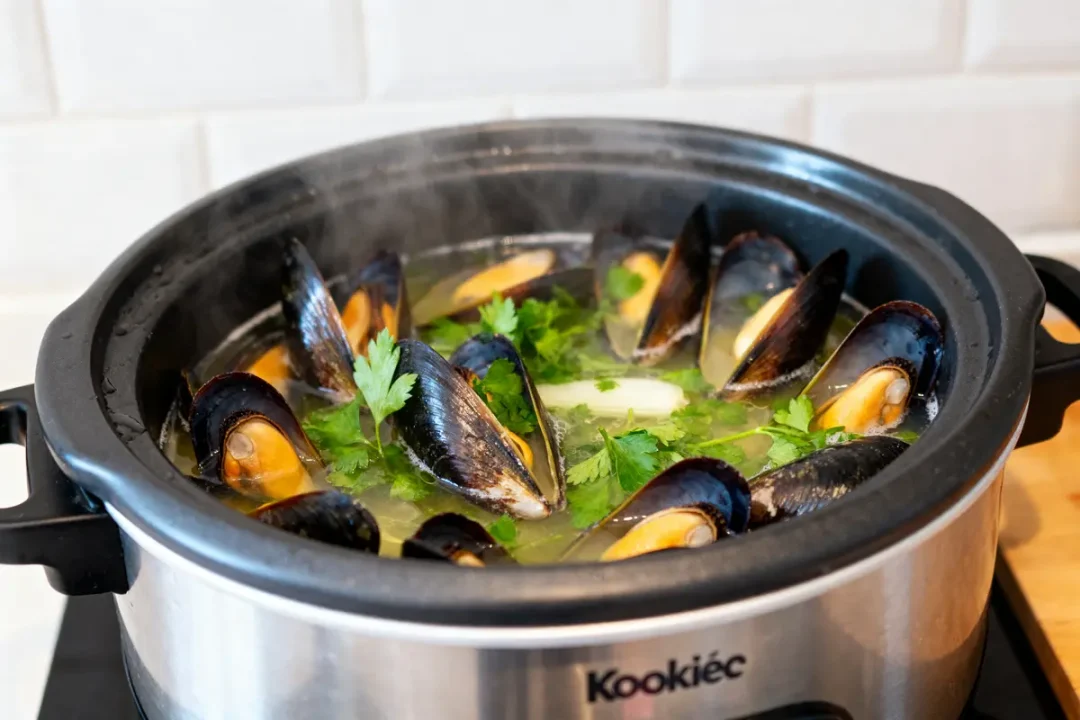 Cuisson de moules dans un appareil Cookeo avec herbes fraîches et bouillon fumant